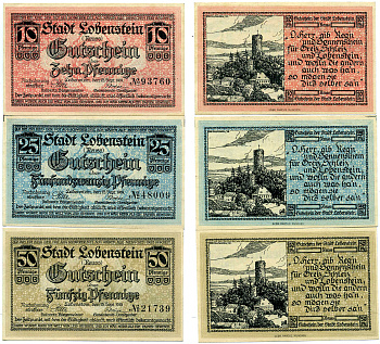 БАД-ЛОБЕНШТАЙН НАБОР ИЗ 3 БАНКНОТ 1919 15 СЕНТЯБРЯ 1919, НОТГЕЛЬД (10, 25, 50 ПФЕННИГОВ), ЗЕМЛЯ ТЮРИНГИЯ Grabowski L55.2 бумага 2193-6-4-1