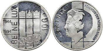 Нидерланды 10 гульденов 1994 50 лет Бе-Ни-Люкс, три здания парламентов KM 216 серебро PROOF 441-1412