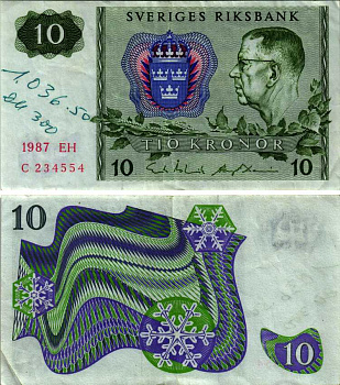 ШВЕЦИЯ 10 КРОН 1987 СЕРИЯ EH, КОРОЛЬ ГУСТАВ VI АДОЛЬФ Pick 52е бумага VF 7147-19-2-1