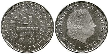 Нидерланды 2 1/2 гульдена 1979 400 лет Утрехтскому союзу, Юлиана (1949-1980) KM 197 никель 221-22