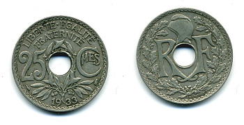 Франция 25 сантимов 1933 тип Линдауэр KM 867a, Le Franc 171 медно-никель 84-413