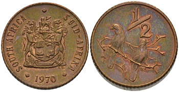 ЮАР 1/2 цента 1970 два капских воробья на ветке KM 81 бронза UNC 66-319