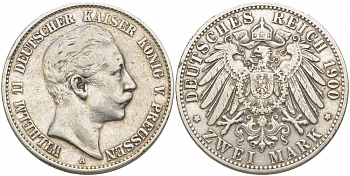 Пруссия 2 марки 1900 A, Вильгельм II (1888-1918) J.102, Weege 101, KM 522 серебро 3896-1112