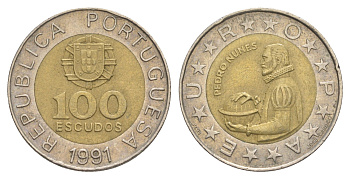 Португалия 100 эскудо 1991 Педру Нуниш (1502-1578), математик KM 645 биметалл 4388-813
