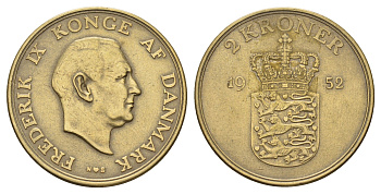 Дания 2 кроны 1952 N, Фредерик IX (1947-1972) KM 838 алюминиевая бронза 71-1235