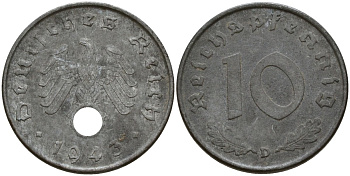 Германия 10 рейхспфеннигов 1943 D KM 101, J. 371 цинк 4187-1036