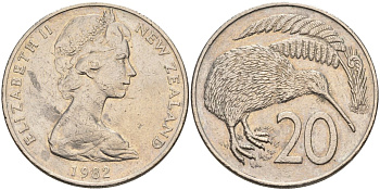 Новая Зеландия 20 центов 1982 Елизавета II (1952-2022), птичка киви KM 36.1 медно-никель 4131-1141