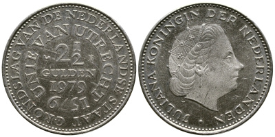 Нидерланды 2 1/2 гульдена 1979 400 лет Утрехтскому союзу, Юлиана (1949-1980) KM 197 никель 221-22