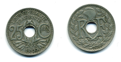 Франция 25 сантимов 1933 тип Линдауэр KM 867a, Le Franc 171 медно-никель 84-413