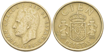 Испания 100 песет 1986 Хуан Карлос I (1975-2014) KM 826 алюминиевая бронза 4380-626