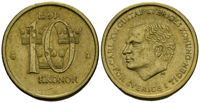 Швеция 10 крон 1991 Карл XVI Густав (1973- ) KM 877 Нордик 4138-845