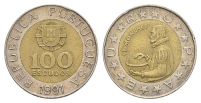 Португалия 100 эскудо 1991 Педру Нуниш (1502-1578), математик KM 645 биметалл 4388-813
