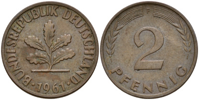ФРГ 2 пфеннига 1961 F J.381  KM 106 бронза 4598-722