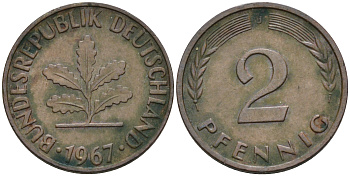 ФРГ 2 ПФЕННИГА 1967 J KM106, J.381 бронза 75-438