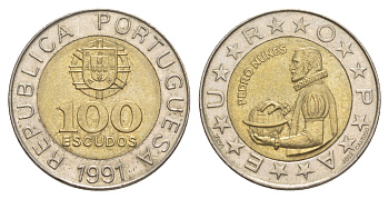 Португалия 100 эскудо 1991 Педру Нуниш (1502-1578), математик KM 645 биметалл 4388-1116