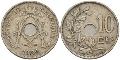 БЕЛЬГИЯ 10 САНТИМОВ 1920 BELGIQUE KM 85.1 медно-никель 24-335