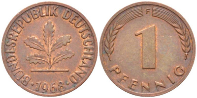 ФРГ 1 ПФЕННИГ 1968 F KM 105, J. 380 сталь плакированная медью 116-358