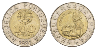 Португалия 100 эскудо 1991 Педру Нуниш (1502-1578), математик KM 645 биметалл 4388-1116
