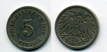 ГЕРМАНИЯ 5 ПФЕННИГОВ 1900 A, KM 11, J. 12 медно-никель 58-553