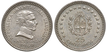 Уругвай 25 сентесимо 1960 KM 40 медно-никель 4169-843