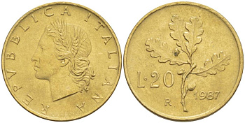 Италия 20 лир 1987 R, дубовая ветвь KM 97.2 алюминиевая бронза  UNC   4551-324