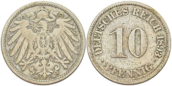 ГЕРМАНИЯ 10 ПФЕННИГОВ 1893 A KM 12, J. 13, Weege 8 медно-никель 261-1247