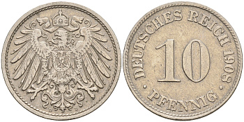 Германия 10 пфеннигов 1908 D KM 12 J. 13 медно-никель    4153-317