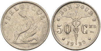 Бельгия 50 сантимов 1920 BELGIQUE KM 87 никель 188-454