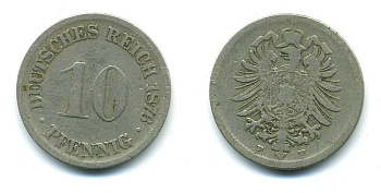 ГЕРМАНИЯ 10 ПФЕННИГОВ 1876 F, СТАРОГЕРБОВКА, KM 4, J. 4 медно-никель 54-451