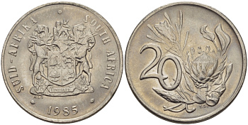 ЮАР 20 ЦЕНТОВ 1985 ГЕРБ, ЦВЕТОК ПРОТЕЯ KM 85 никель UNC 67-456