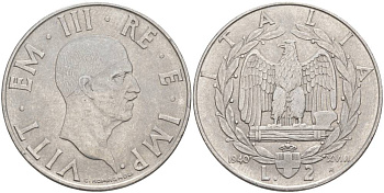 ИТАЛИЯ 2 ЛИРЫ 1940 R, ГОД XVIII, ВИКТОР ЭММАНУИЛ III (1900-1946), МАГНИТНАЯ, ГУРТ РИФЛЁНЫЙ KM 78b, VEM3. 1154 нержавеющая сталь 3855-313