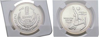 Египет 5 фунтов 1994 15 Чемпионат мира по футболу в США, удар через себя, в слабе NGC MS 69 MATTE KM 738 серебро  UNC  15-011-06