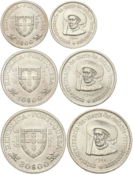 Португалия полный набор из 3 монет (5, 10 и 20 эскудо) 1960 500 лет со дня смерти Принца Генриха KM 587, 588 и 589 серебро UNC 4125-1224-1225