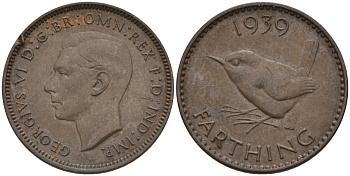 Великобритания 1 фартинг 1939 Георг VI (1936-1952) KM 843, Spink 4116 бронза 4596-1022