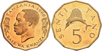 Танзания 5 центов 1966 KM 1 бронза PROOF 00-00