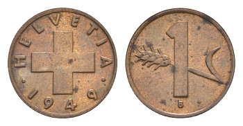 Швейцария 1 раппен 1949 B KM 46 бронза 4636-227