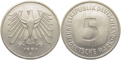 ФРГ 5 МАРОК 1991 D, J. 415, KM 140.1 медно-никель плакированный никелем UNC 109-914