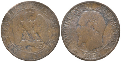 ФРАНЦИЯ 5 САНТИМОВ 1854 D, НАПОЛЕОН III (1852-1870) KM 777.4 бронза 34-436