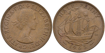 Великобритания 1/2 пенни 1965 Елизавета II (1952-2022) KM 896, Spink 4158 бронза 4146-314