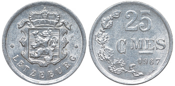 Люксембург 25 сантимов 1967 KM 45a.1 алюминий 4532-1215