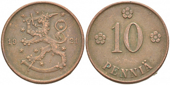 Финляндия 10 пенни 1921 республика (1918-1962) KM 24 медь 4541-152