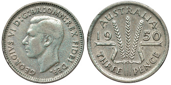 Австралия 3 пенса 1950 m, Георг VI (1937-1952), без букв KM 44 серебро 71-241