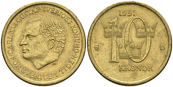 Швеция 10 крон 1991 D, Карл XVI Густав (1973- ) KM 877 медь алюминий цинк 4592-133