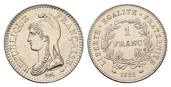 Франция 1 франк 1992 200 лет Французской республике KM 1004.1, Le Franc 229.2 никель UNC 4675-243