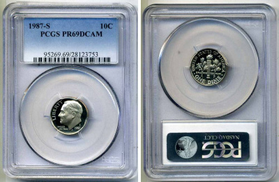 США 10 центов (дайм) 1987 S, президент Рузвельт, в слабе PCGS PR69CAM KM 195а медь плакированная медно-никелем PROOF 15-002-08
