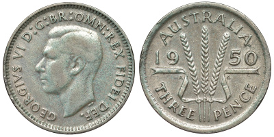 Австралия 3 пенса 1950 m, Георг VI (1937-1952), без букв KM 44 серебро 71-241