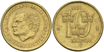 Швеция 10 крон 1991 D, Карл XVI Густав (1973- ) KM 877 медь алюминий цинк 4592-133