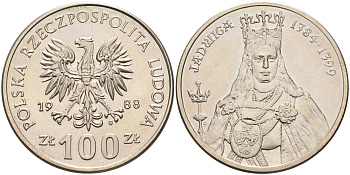 Польша 100 злотых 1988 MW, серия Польские правители, королева Ядвига (1384-1399) KM 183 медно-никель  UNC  4149-234