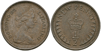 Великобритания 1/2 пенни 1971 Елизавета II (1952-2022) KM 914, Spink 4239 бронза 4396-1068