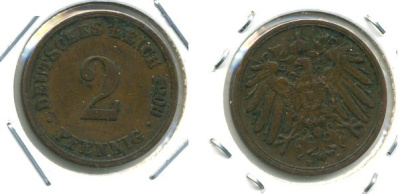 ГЕРМАНИЯ 2 ПФЕННИГА 1906 D KM 16, J. 11 медь 701-445